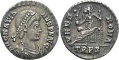Roman Imperial Coins GRATIAN (367-383). Siliqua. Treveri. Obv: D N GRATIANVS P F AVG. Diademed, draped and cuirassed bust right. Rev: VRBS ROMA / TRPS. Roma seated left on cuirass, holding spear and v