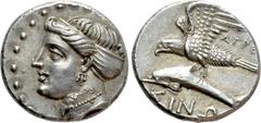 Greek Coins PAPHLAGONIA. Sinope. Drachm (Circa 330-300 BC). Agreos, magistrate. Obv: Head of nymph left, with hair in sakkos. Rev: AΓPEΩΣ / ΣINΩ. Sea-eagle standing left, with wings spread, on dolphin