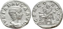 Roman Imperial Coins JULIA PAULA (Augusta, 219-220). Denarius. Rome. Obv: IVLIA PAVLA AVG. Draped bust right. Rev: CONCORDIA. Concordia seated left on throne, holding patera; star to right. RIC 211 (E