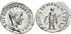 Roman Imperial Coins HERENNIUS ETRUSCUS (Caesar, 249-251). Antoninianus. Rome. Obv: Q HER ETR MES DECIVS NOB C. Radiate and draped bust right. Rev: PRINCIPI IVVENTVTIS. Herennius Etruscus standing lef