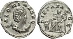 Roman Imperial Coins SALONINA (Augusta, 254-268). Antoninianus. Rome. Obv: SALONINA AVG. Diademed and draped bust right, set on crescent. Rev: PIETAS AVGG. Empress seated left, holding sceptre; one ch