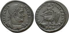 Roman Imperial Coins LICINIUS I (308-324). Follis. Treveri. Obv: IMP LICINIVS AVG. Laureate and cuirassed bust right. Rev: IOVI CONSERVATORI AVG / STR. Licinius, holding thunderbolt and sceptre, seate