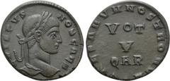 Roman Imperial Coins CRISPUS (Caesar, 316-326). Follis. Arelate. Obv: CRISPVS NOB CAES. Laureate head right. Rev: CAESARVM NOSTRORVM. Legend around VOT / V / QAR in three lines. RIC -; cf. Bertolami E