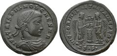 Roman Imperial Coins CRISPUS (Caesar, 317-326). Follis. Siscia. Obv: IVL CRISPVS NOB CAESAR. Laureate, draped and cuirassed bust right. Rev: VICTORIAE LAETAE PRINC PERP / ΔSIS •. Two Victories holding