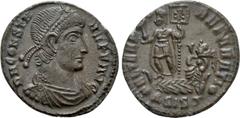 Roman Imperial Coins CONSTANS (337-350). Follis. Siscia. Obv: D N CONSTANS P F AVG. Diademed, draped and cuirassed bust right. Rev: FEL TEMP REPARATIO / Δ SIS (symbol). Constans standing left in galle