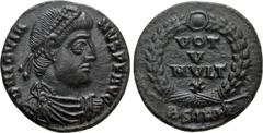 Roman Imperial Coins JOVIAN (363-364). Ae. Sirmium. Obv: D N IOVIANVS P F AVG. Diademed, draped and cuirassed bust right. Rev: VOT / V / MVLT / X / BSIRM. Legend in four lines within wreath. RIC 118. 