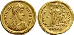 Roman Imperial Coins HONORIUS (393-423). GOLD Solidus. Mediolanum. Obv: D N HONORIVS P F AVG. Diademed, draped and cuirassed bust right. Rev: VICTORIA AVGGG / M - D / COMOB. Honorius standing right, w
