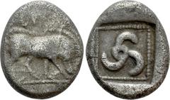 Greek Coins DYNASTS OF LYCIA. Uncertain dynast (Circa 490-430 BC). Stater. Obv: Boar standing right, head lowered. Rev: Triskeles in pelleted square boarder within incuse square. Falghera 70. Conditio