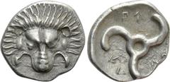 Greek Coins DYNASTS OF LYCIA. Perikles (Circa 380-360 BC). Tetrobol. Uncertain mint, possibly Limyra. Obv: Facing scalp of lion. Rev: Triskeles within incuse circle. Müseler VIII.49-51; SNG von Aulock