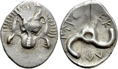 Greek Coins DYNASTS OF LYCIA. Perikles (Circa 380-360 BC). Tetrobol. Uncertain mint, possibly Limyra. Obv: Facing scalp of lion. Rev: Triskeles within incuse circle. Müseler VIII.49-51; SNG von Aulock