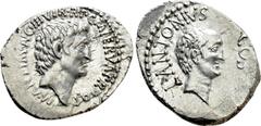 Roman Republican Coins MARK ANTONY & LUCIUS ANTONY. Denarius (41 BC). L. Cocceius Nerva, quaestor pro praetore. Military mint moving with Marc Antony. Obv: M ANT IMP AVG III VIR R P C M NERVA PRO Q P.