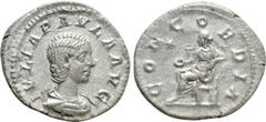 Roman Imperial Coins JULIA PAULA (Augusta, 219-220). Denarius. Antioch. Obv: IVLIA PAVLA AVG. Draped bust right. Rev: CONCORDIA. Concordia seated left on throne, holding patera; star to left. RIC 211 