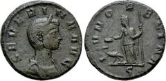 Roman Imperial Coins SEVERINA (Augusta, 270-275). As. Rome. Obv: SEVERINA AVG. Diademed and draped bust right. Rev: IVNO REGINA / ϛ. Juno standing left, holding patera and sceptre; peacock at feet to 