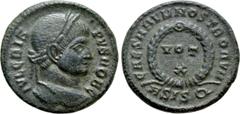 Roman Imperial Coins CRISPUS (Caesar, 316-326). Follis. Siscia. Obv: IVL CRISPVS NOB C. Laureate head right. Rev: CAESARVM NOSTRORVM / ASIS (wreath). VOT / X in two lines within wreath. RIC 178. Condi