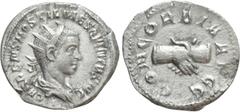 Roman Imperial Coins HOSTILIAN (Caesar, 250-251). Antoninianus. Rome. Obv: C VALENS HOSTIL MES QVINTVS N C. Radiate and draped bust right. Rev: CONCORDIA AVGG. Clasped right hands. RIC 174b. Condition
