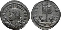 Roman Imperial Coins CRISPUS (Caesar, 316-326). Follis. Ticinum. Obv: CRISPVS NOB CAES. Laureate, draped and cuirassed bust left, holding shield and spear. Rev: VIRTVS EXERCIT / T T. Vexillum inscribe