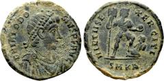 Roman Imperial Coins THEODOSIUS I (379-395). Ae. Cyzicus. Obv: D N THEODOSIVS P F AVG. Diademed, draped and cuirassed bust right. Rev: VIRTVS EXERCITI / SMKA. Emperor standing right, holding standard 