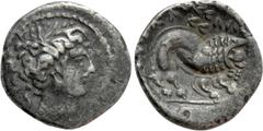 Celtic Coins WESTERN EUROPE. Gaul. Insubres. Drachm (1st century BC). Imitating Massalia. Obv: Female head right; wearing earring. Rev: Stylized lion right. LT 2126. Condition: Very fine. Weight: 2.61