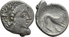 Celtic Coins WESTERN EUROPE. Gaul. Insubres. Drachm (1st century BC). Imitating Massalia. Obv: Female head right; wearing earring. Rev: Stylized lion right. LT 2146. Condition: Very fine. Weight: 2.54
