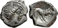 Celtic Coins WESTERN EUROPE. Gaul. Insubres. Drachm (1st century BC). Imitating Massalia. Obv: Female head right; wearing earring. Rev: Stylized lion right. LT 2146. Condition: Very fine. Weight: 2.32