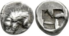 Greek Coins GAUL. Massalia. 3/4 Obol (Circa 500-475 BC). Obv: Forepart of lion left, devouring prey. Rev: Rough incuse square. Maurel 61. Condition: Good very fine. Weight: 0.93 g. Diameter: 9 mm.