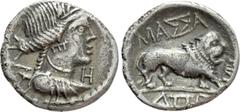 Greek Coins GAUL. Massalia. Drachm (Circa 90-49 BC). Obv: Bust of Artemis right, bow and quiver over shoulder; H before. Rev: MAΣΣA / ΔΠO. Lion walking right; monogram to right. Maurel 692; Depeyrot 5