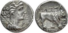 Greek Coins GAUL. Massalia. Drachm (Circa 90-49 BC). Obv: Bust of Artemis right, bow and quiver over shoulder; monogram before. Rev: MAΣΣA / EKΔ. Lion walking right; E to right. Maurel 702; Depeyrot 5