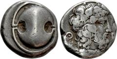 Greek Coins BOEOTIA. Thebes. Stater (Circa 425-395 BC). Obv: Boiotian shield. Rev: Θ - E. Head of Dionysos right, wearing ivy wreath. BCD Boiotia 442; HGC 4, 1326. Ex Fritz Rudolf Künker GmbH Auction 