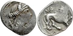 Greek Coins GALLIA. Massalia. Drachm (Circa 125-90 BC). Obv: Bust of Artemis right, bow and quiver over shoulder. Rev: MAΣΣAΛIHTΩN. Lion walking right. Cf. Maurel 633. Condition: Fine. Weight: 2.66 g.