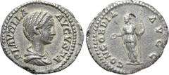 Roman Imperial Coins PLAUTILLA (Augusta, 202-205). Denarius. Rome. Obv: PLAVTILLA AVGVSTA. Draped bust right. Rev: CONCORDIA AVGG. Concordia standing left, holding patera and sceptre. RIC 363a (Caraca
