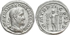 Roman Imperial Coins MAXIMINUS THRAX (235-238). Denarius. Rome. Obv: MAXIMINVS PIVS AVG GERM. Laureate, draped and cuirassed bust right. Rev: P M TR P II COS P P. Emperor standing left with spear, fla