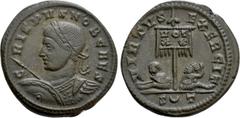 Roman Imperial Coins CRISPUS (Caesar, 316-326). Follis. Ticinum. Obv: CRISPVS NOB CAES. Laureate and cuirassed bust left, holding spear and shield. Rev: VIRTVS EXERCIT / S (crescent) T. Standard inscr