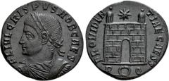 Roman Imperial Coins CRISPUS (Caesar, 316-326). Follis. Rome. Obv: FL IVL CRISPVS NOB CAES. Laureate, draped and cuirassed bust left. Rev: PROVIDENTIAE CAESS / R (wreath) Q. Camp gate with two turrets
