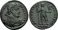 Roman Imperial Coins JOVIAN (363-364). Ae. Thessalonica. Obv: D N IOVIANVS P F P P AVG. Diademed, draped and cuirassed bust right. Rev: VICTORIA ROMANORVM / TES B. Jovian standing facing, head right, 