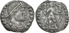 Roman Imperial Coins VALENS (364-378). Siliqua. Lugdunum. Obv: D N VALENS P F AVG. Diademed, draped and cuirassed bust right. Rev: RESTITVTOR REIP / P LVG. Valens standing facing, head right, holding 
