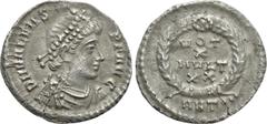 Roman Imperial Coins VALENS (364-378). Siliqua. Antioch. Obv: D N VALENS P F AVG. Diademed, draped and cuirassed bust right. Rev: VOT / X / MVLT / XX / ANT • •. Legend in four lines within wreath. RIC