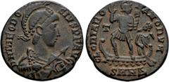 Roman Imperial Coins THEODOSIUS I (379-395). Ae. Nicomedia. Obv: D N THEODOSIVS P F AVG. Helmeted, diademed, draped and cuirassed bust right, holding spear and shield. Rev: GLORIA ROMANORVM / T / SMNΔ
