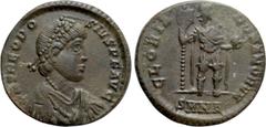 Roman Imperial Coins THEODOSIUS I (379-395). Follis. Nicomedia. Obv: D N THEODOSIVS P F AVG. Diademed, draped and cuirassed bust right. Rev: GLORIA ROMANORVM / SMNA. Emperor standing facing, head righ