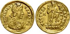 Roman Imperial Coins HONORIUS (393-423). GOLD Solidus. Rome. Obv: D N HONORIVS P F AVG. Diademed, draped and cuirassed bust right. Rev: VICTORIA AVGGG / R - M / COMOB. Honorius standing right, with fo