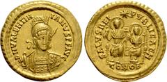 Roman Imperial Coins VALENTINIAN III (425-455). GOLD Solidus. Constantinople. Obv: D N VALENTINIANVS P F AVG. Helmeted and cuirassed bust facing slightly right, holding spear and shield decorated with