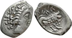 Celtic Coins WESTERN EUROPE. Gaul. Insubres. Drachm (1st century BC). Imitating Massalia. Obv: Female head right; wearing earring. Rev: Stylized lion right. LT 2126. Condition: Very fine. Weight: 2.01