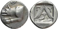 Greek Coins ARGOLIS. Argos. Triobol (Circa 270-250 BC). Obv: Forepart of wolf at bay to left; Θ above. Rev: Π - Υ. Large A; Π-Y above; below, eagle standing right on harpa. BCD Peloponnesos 1111-2; BM