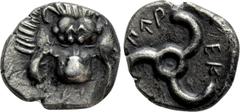 Greek Coins DYNASTS OF LYCIA. Perikles (Circa 380-360 BC). Tetrobol. Uncertain mint, possibly Limyra. Obv: Facing scalp of lion; M on forehead. Rev: Triskeles within incuse circle. Cf. Müseler VIII.49