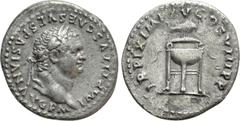 Roman Imperial Coins TITUS (79-81). Denarius. Rome. Obv: IMP TITVS CAES VESPASIAN AVG P M. Laureate head right. Rev: TR P IX IMP XV COS VIII P P. Tripod with fillets, upon which wreath surmounted by d