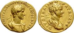 Roman Imperial Coins HADRIAN (117-183). GOLD Aureus with Divus Trajan. Rome. Obv: IMP CAES TRAIAN HADRIAN OPT AVG G D PART. Laureate and cuirassed bust of Hadrian right. Rev: DIVO TRAIANO PATRI AVG. L