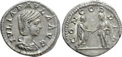 Roman Imperial Coins JULIA PAULA (Augusta, 219-220). Denarius. Rome. Obv: IVLIA PAVLA AVG. Draped bust right. Rev: CONCORDIA. Elagabalus and Julia Paula standing facing one another, clasping hands. RI
