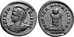 Roman Imperial Coins CRISPUS (Caesar, 316-326). Follis. Londinium. Obv: CRISPVS NOBIL C. Helmeted and cuirassed bust left. Rev: BEAT TRANQLITAS / P LON. Altar surmounted by globe and inscribed VOT / I