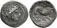 Celtic Coins WESTERN EUROPE. Gaul. Insubres. Drachm (1st century BC). Imitating Massalia. Obv: Female head right; wearing earring. Rev: Stylized lion right. LT 2126. Condition: Very fine. Weight: 2.61