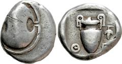 Greek Coins BOEOTIA. Thebes. Stater (425-400 BC). Obv: Boeotian shield. Rev: ΘE. Amphora. Controls: grape in right field. BCD Boeotia 398; HGC 4, 1325. Condition: Fine. Weight: 10.85 g. Diameter: 22 m