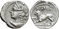 Greek Coins GALLIA. Massalia. Drachm (Circa 125-90 BC). Obv: Bust of Artemis left, bow and quiver over shoulder. Rev: MAΣΣA / A / ΠA. Lion walking left. Depeyrot, Marseille 43/3; Maurel (2019), 646. C